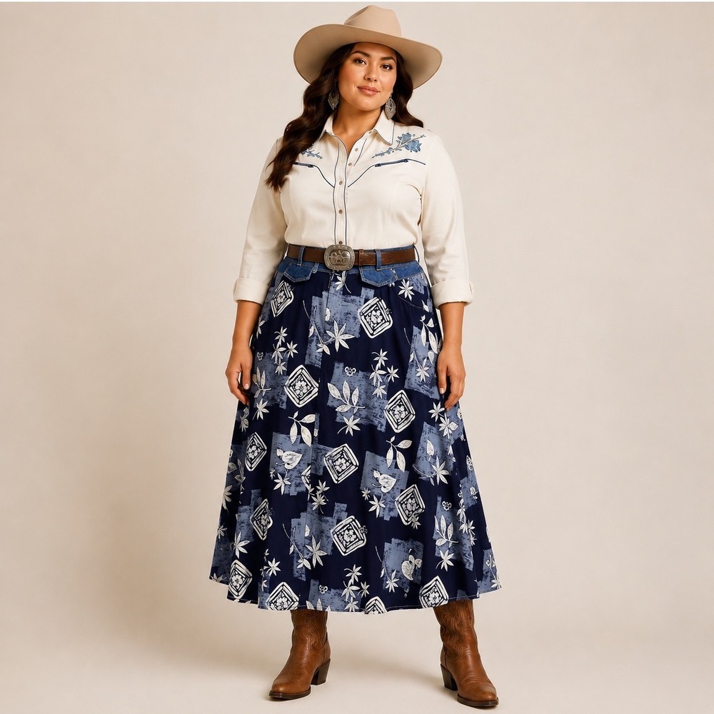 BOARDWALK Vtg 90s Floral Midi Maxi Skirt Sze 22 Blue Denim Waistband Western USA